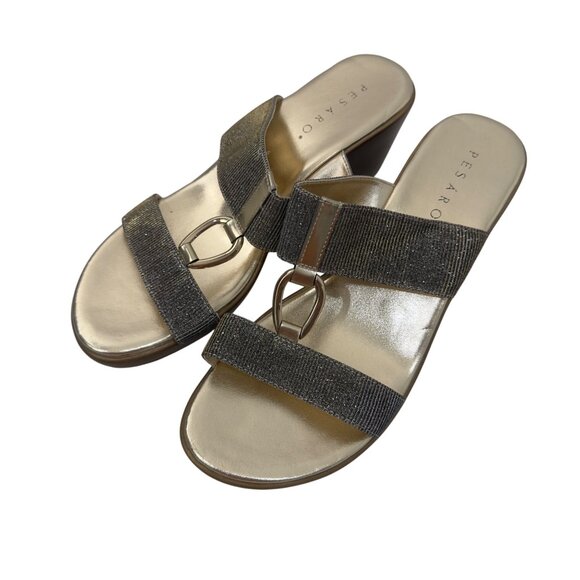 Pesaro Women Gold Wedge Sandals Double Sparkly Strap Design Ring Accent Size 11 - Picture 14 of 15